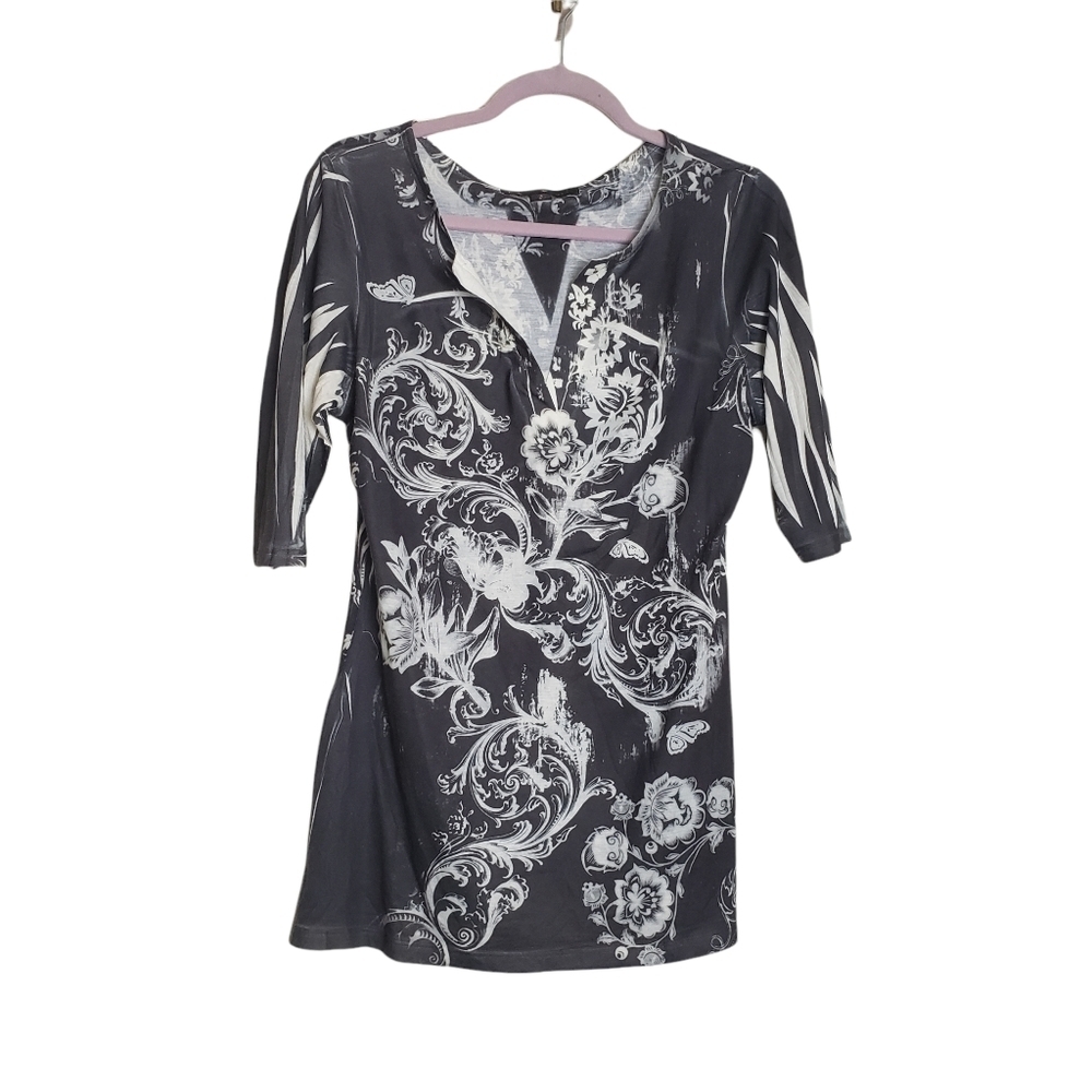 Mushka by Sienna Rose Inc Black & White Floral Quarter Sleeve Women's Top Size M